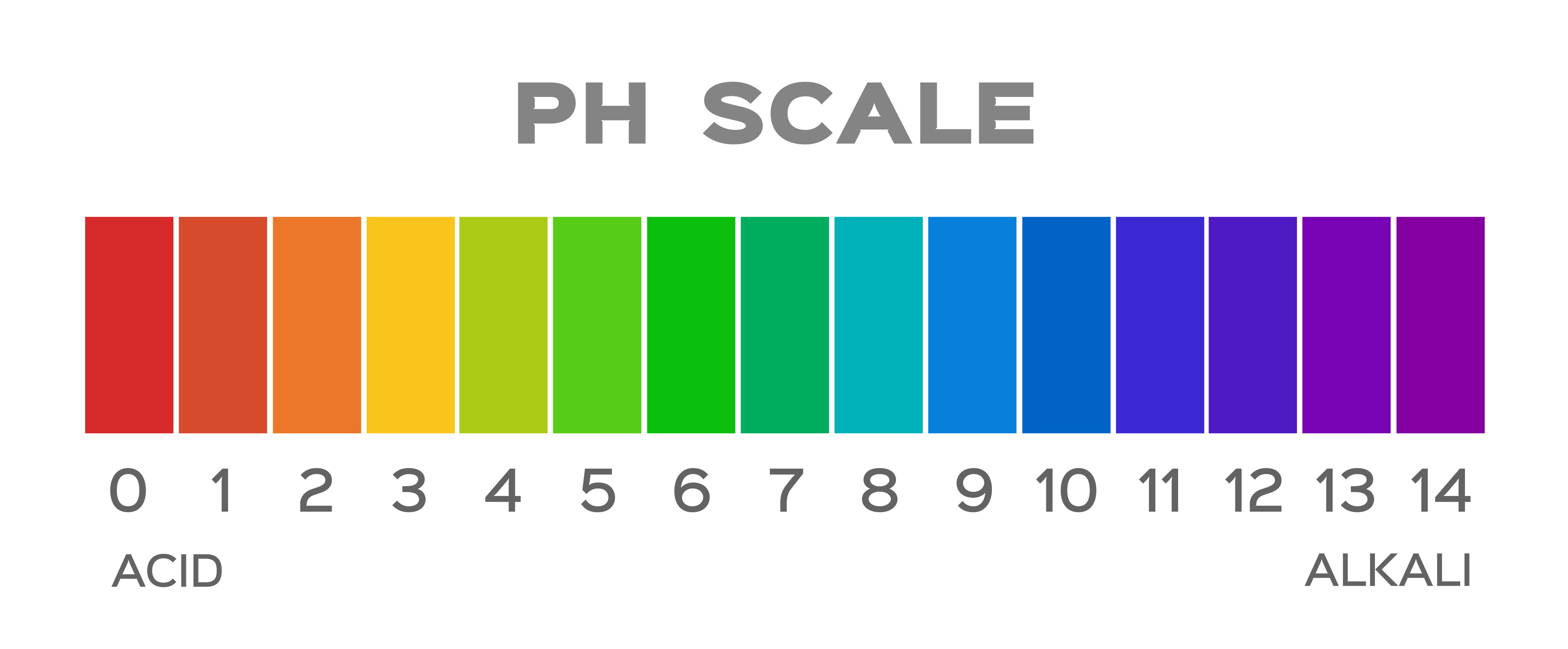 Colored pH scale chart labeled 0–14, shifting from red acid at 0 to purple alkali at 14.
