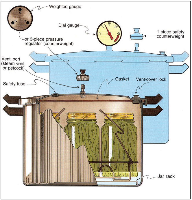 Illustrated diagram of the parts of a pressure canner