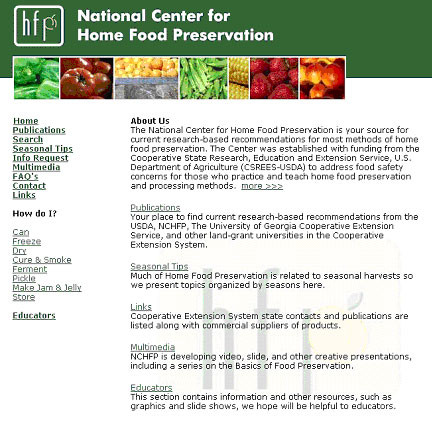 National Center for Home Food Preservation Front Page at http://www.homefoodpreservation.com